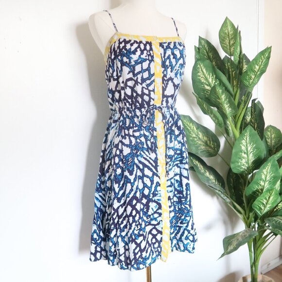 Rachel Roy Blue Yellow Abstract Print Sleeveless Drawstring Waist Summer Dress M - Picture 3 of 10